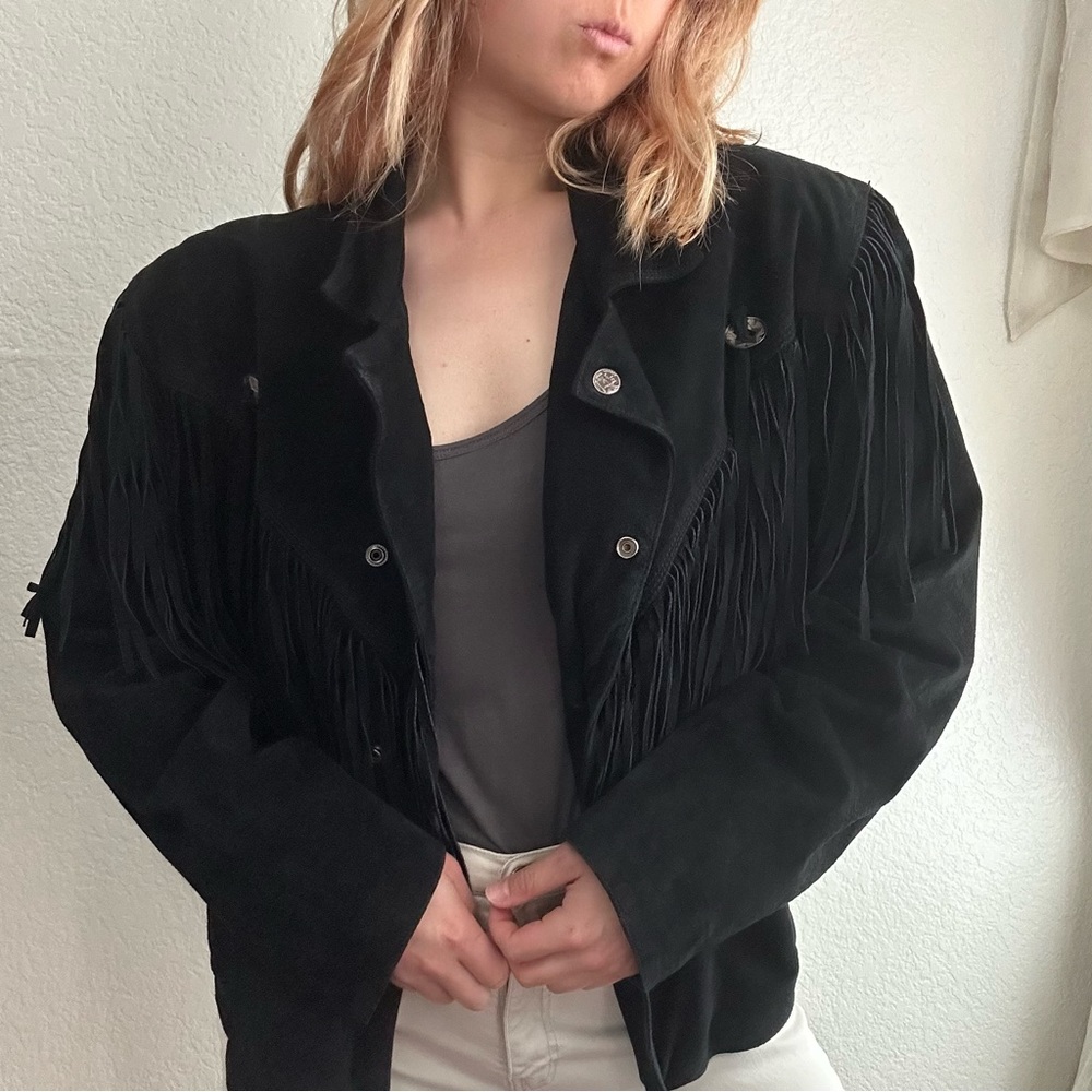 Vintage Fringe Western Black Leather Jacket